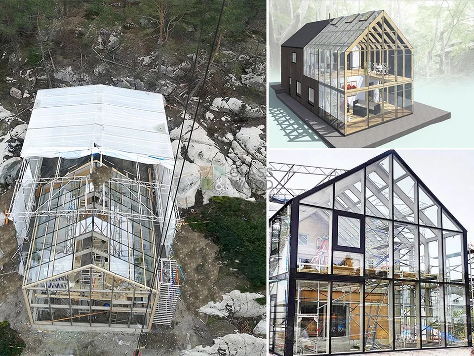 Collage of winter garden construction photographs and a 3D design rendering